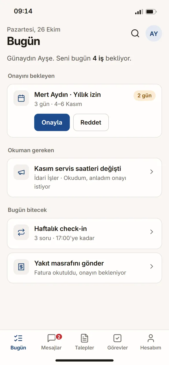 Bugün ekranı: onay bekleyen izin talebi, okunacak duyuru ve günlük işler