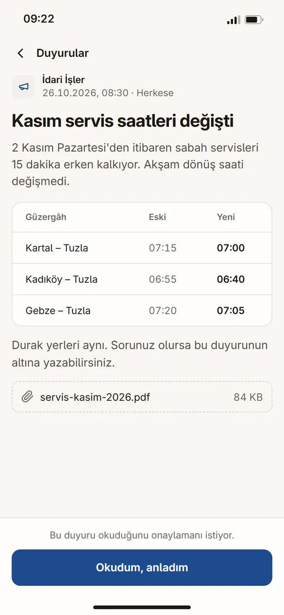 Okudum, anladım onaylı duyuru ve okunma durumu