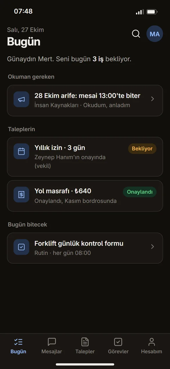 Bugün ekranının koyu teması